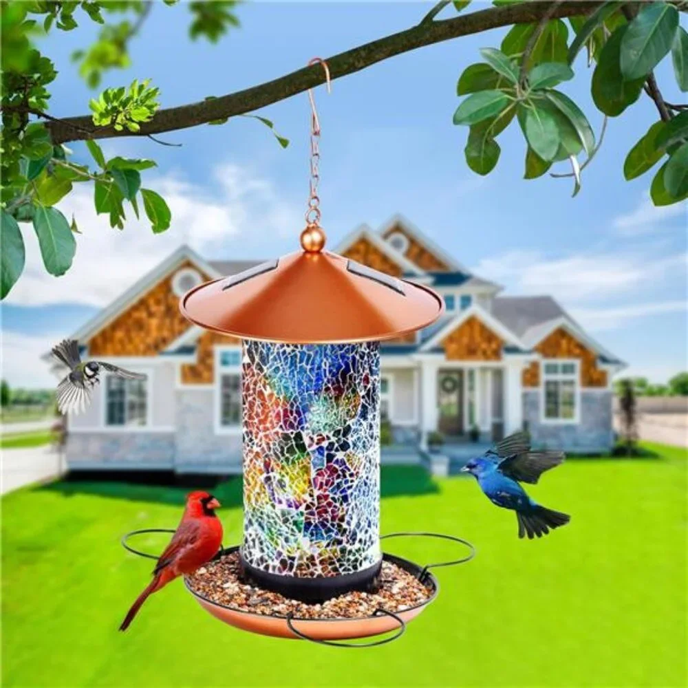 Mosaic Solar Wild Bird Feeder,Waterproof Lantern Shape with S-Hook & 4 LED Light